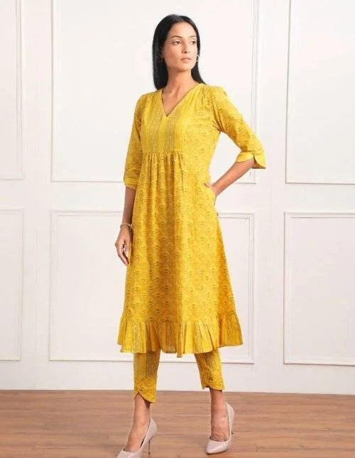 Yellow Pure cotton Printed kurta set with Dupatta