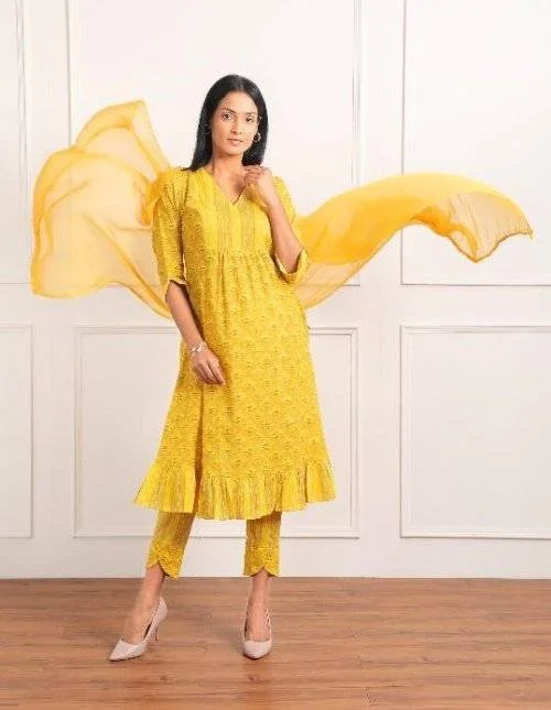 Yellow Pure cotton Printed kurta set with Dupatta