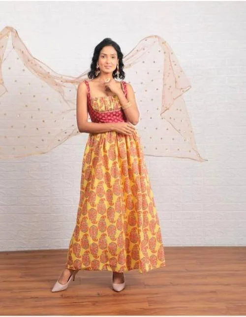Yellow Pure Cotton Printed Long Anarkali Sleeveless One Piece Suit