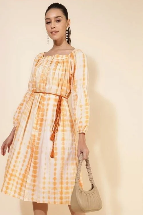 Yellow Cotton Square Neck Knee-Length Dress with Tie Belt