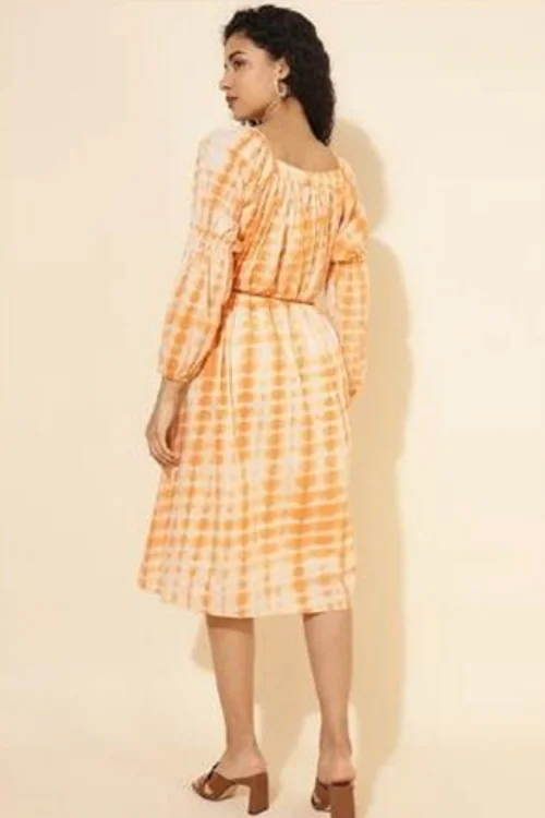 Yellow Cotton Square Neck Knee-Length Dress with Tie Belt