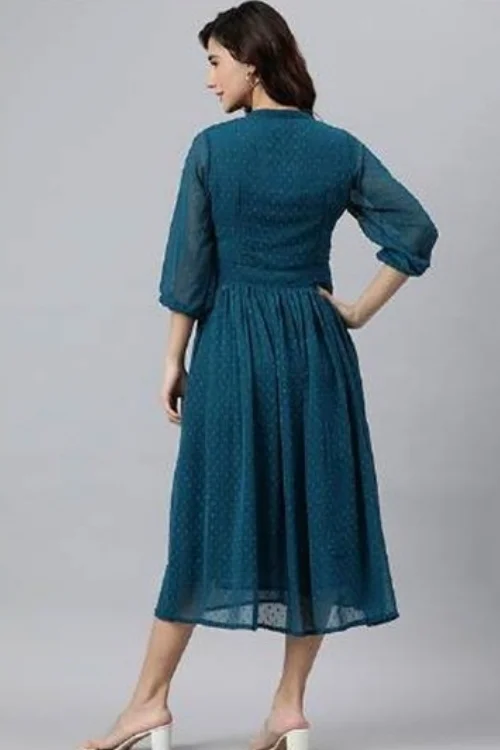 Graceful Blue Chiffon Fit & Flare Knee-Length Dress – Effortless Elegance
