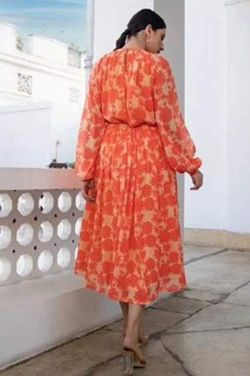 Orange Floral Print Calf-Length Dress for Women Puff Sleeves & Elegant Flare