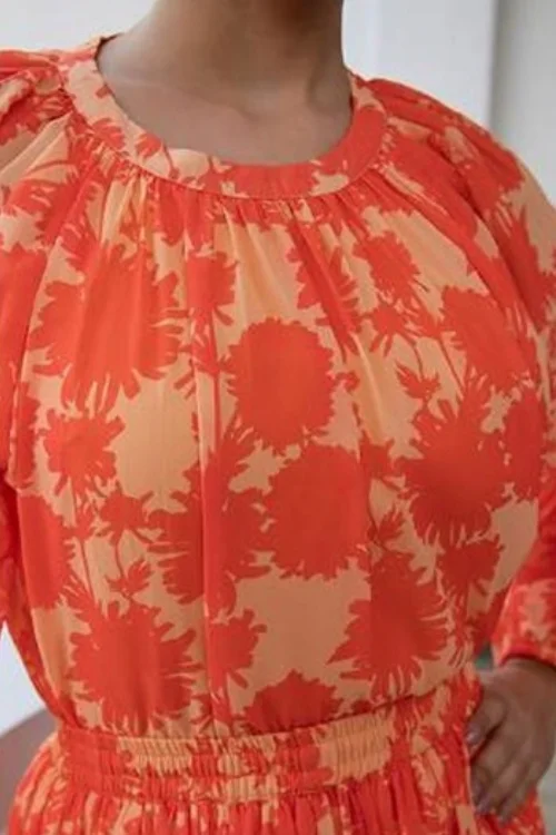 Orange Floral Print Calf-Length Dress for Women Puff Sleeves & Elegant Flare