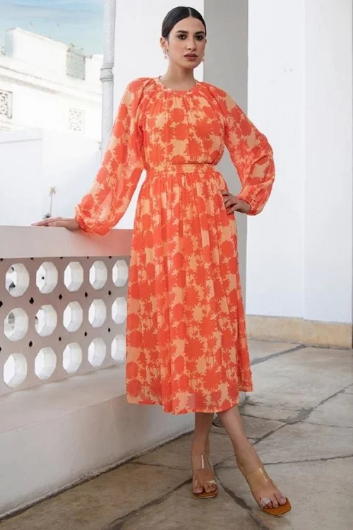 Orange Floral Print Calf-Length Dress for Women Puff Sleeves & Elegant Flare