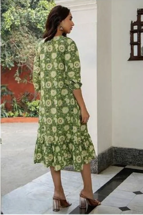Green Floral Printed Cotton Ruffled A-Line Dress