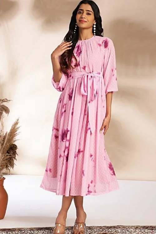 Pink Fit & Flare Western Dress for Women – Elegant & Stylish