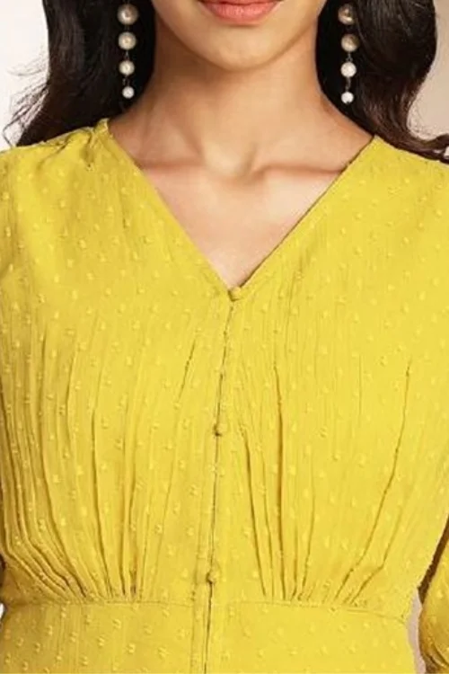 Yellow V-Neck Short Sleeves A-Line Midi Dress for Women
