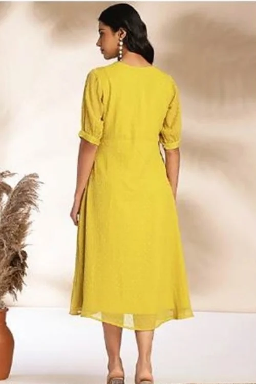 Yellow V-Neck Short Sleeves A-Line Midi Dress for Women