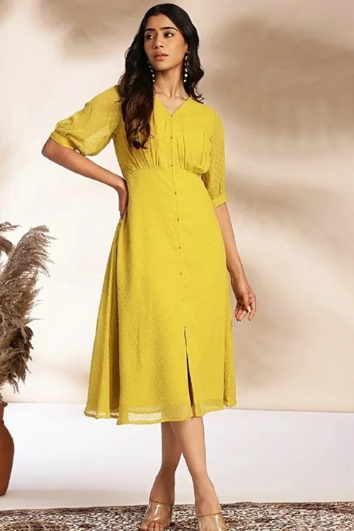 Yellow V-Neck Short Sleeves A-Line Midi Dress for Women