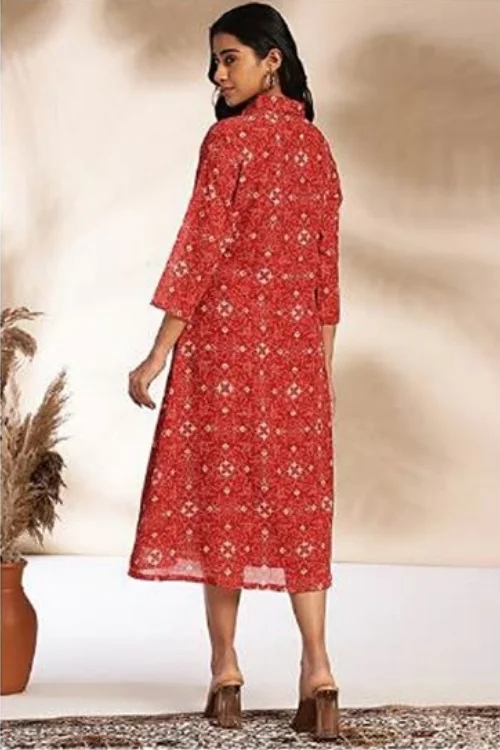 Stunning Red Georgette Fit & Flared Collared Long Dress