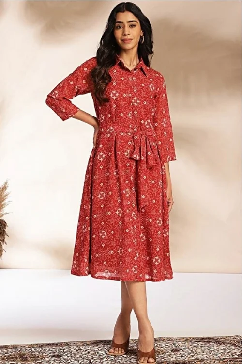 Stunning Red Georgette Fit & Flared Collared Long Dress
