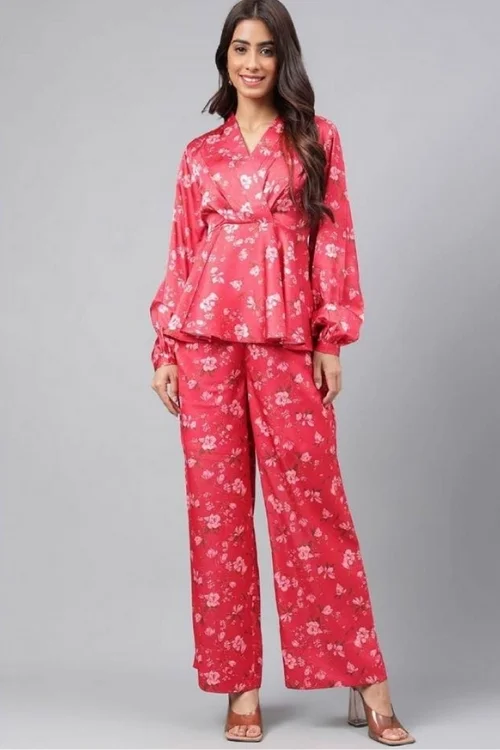 Red Women’s Satin Top with Palazzo Set
