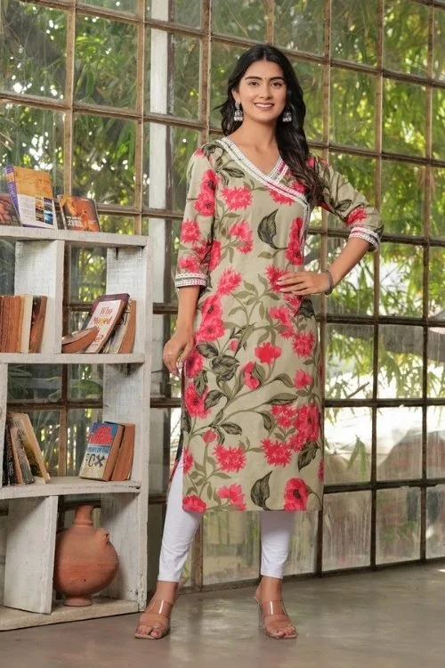 Brown Cotton Printed Kurta For Ladies Ethnic Wear