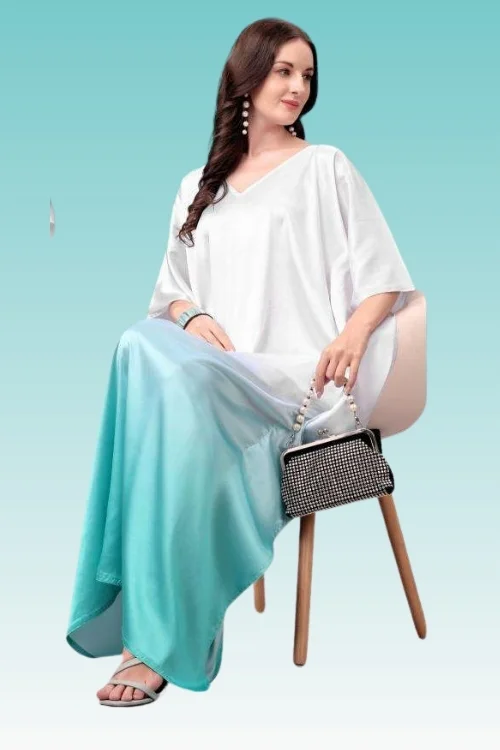 White & Blue Poly Japan Long Satin Kaftan for Women