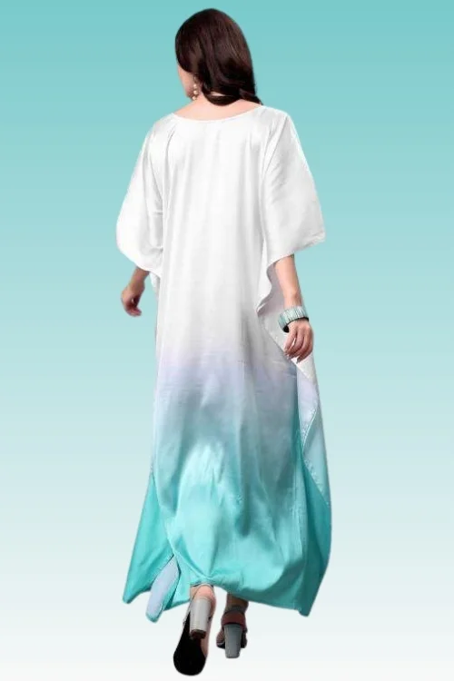White & Blue Poly Japan Long Satin Kaftan for Women