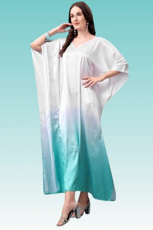 White & Blue Poly Japan Long Satin Kaftan for Women