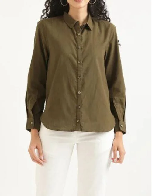 Airy Olive Green Linen Shirt for Women | Lightweight Everyday Casual Shirt