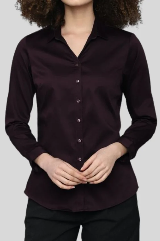 Wine Solid Cotton Formal Shirt for Women