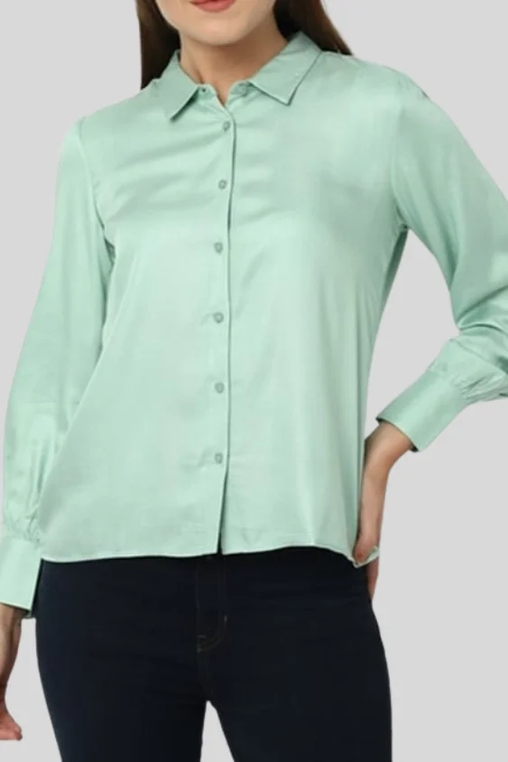 Light Green Solid Cotton Formal Shirt for Women
