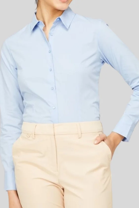 Sky Blue Solid Cotton Formal Shirt for Women