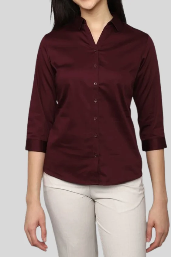 Maroon Solid Cotton Formal Shirt for Women