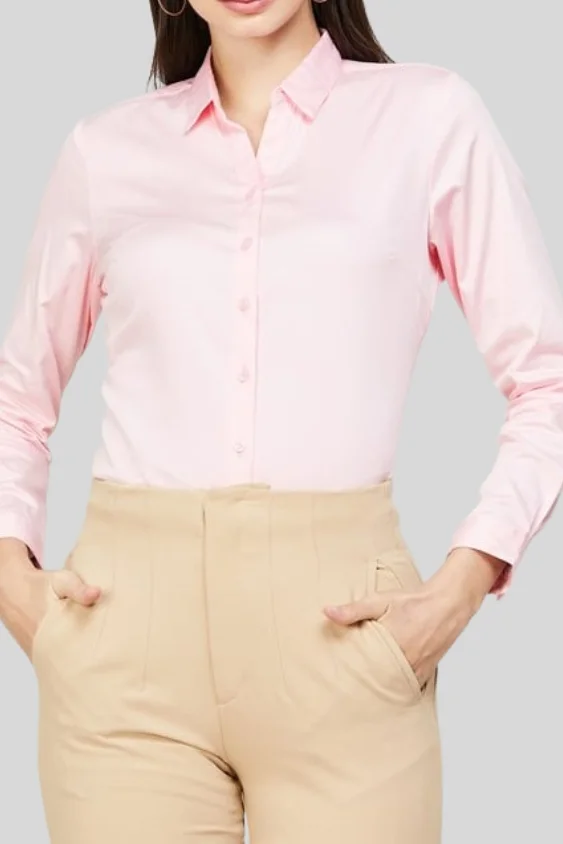 Pink Solid Cotton Formal Shirt for Women