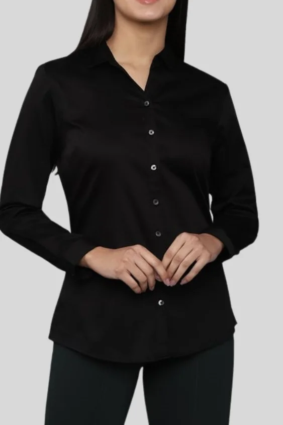 Black Solid Cotton Formal Shirt for Women