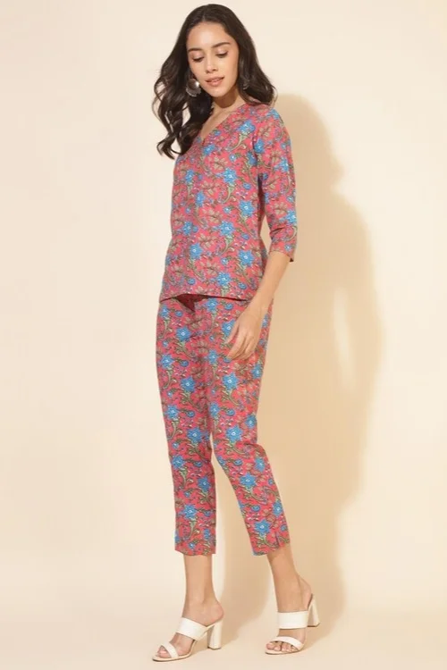 Women’s Pink Cotton Floral Printed Co-Ord Set