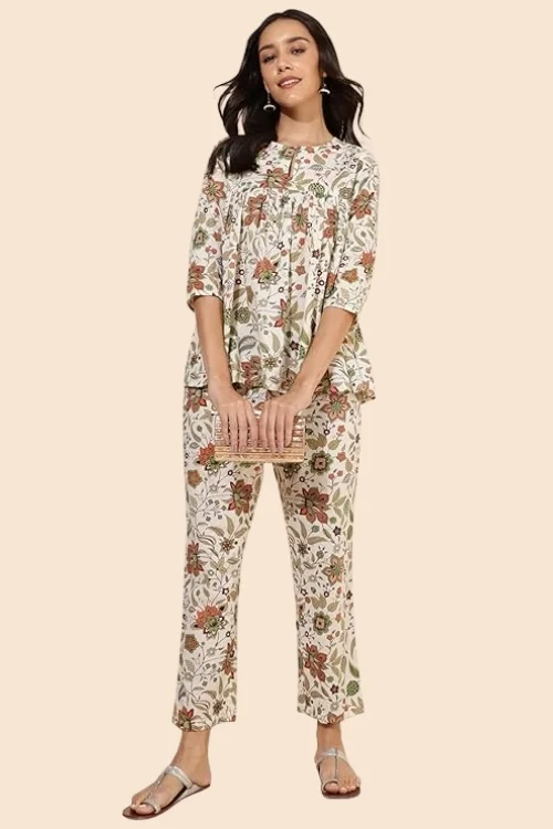 Women’s Off-White Cotton Floral Print Co-Ord Set
