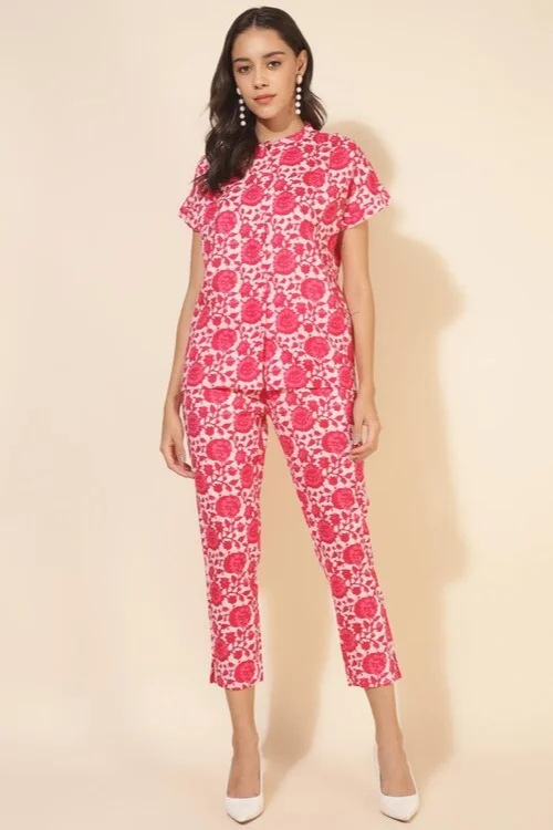 Women’s Pink & White Cotton Printed Co-Ord Set