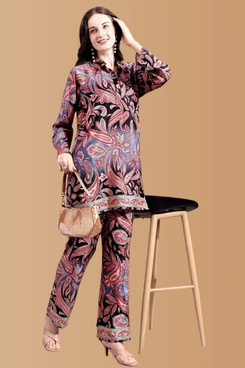 Poly Silk Co-ord Set for Women – Maroon & Golden Print