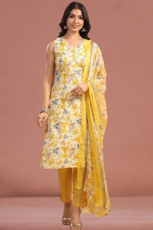 Radiant Yellow Sleeveless Cotton Printed Kurta Set with Dupatta – Effortless Elegance
