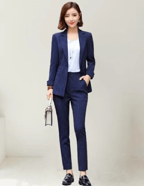 Blue 2-Piece Striped Suit for Women | Tailored Blazer & Trousers Set