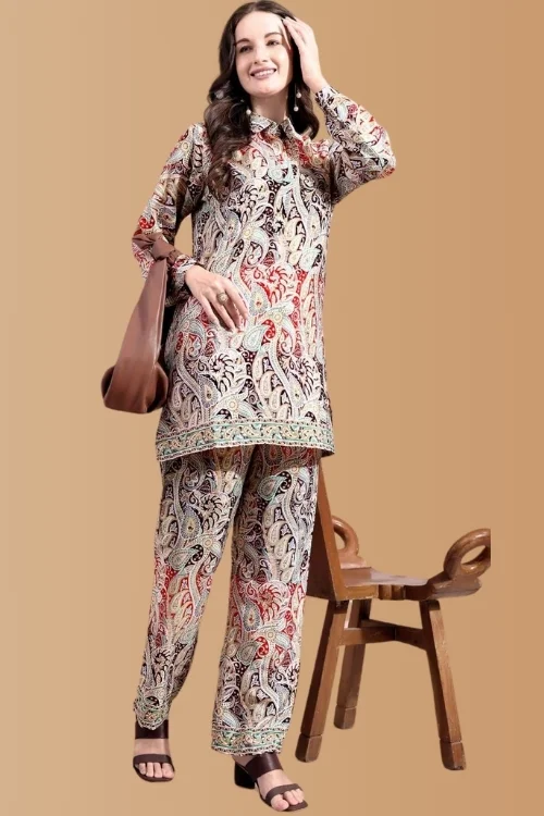 Red & Black Golden Foil Printed Poly Silk Co-ord Set for Women