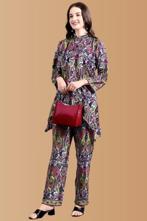 Multicolor Golden Foil Printed Poly Silk Co-ord Set for Women