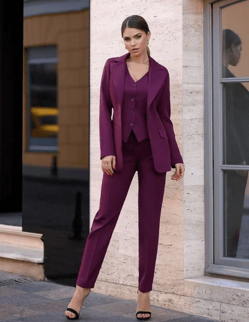 Purple 3 Piece Suit For Women With Waist Coat