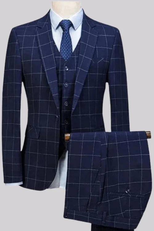Navy Blue Check Business Formal Two-Piece Suit for Men