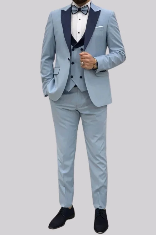Refined Ice Blue Three-Piece Wedding Suit Timeless Elegance for the Modern Groom