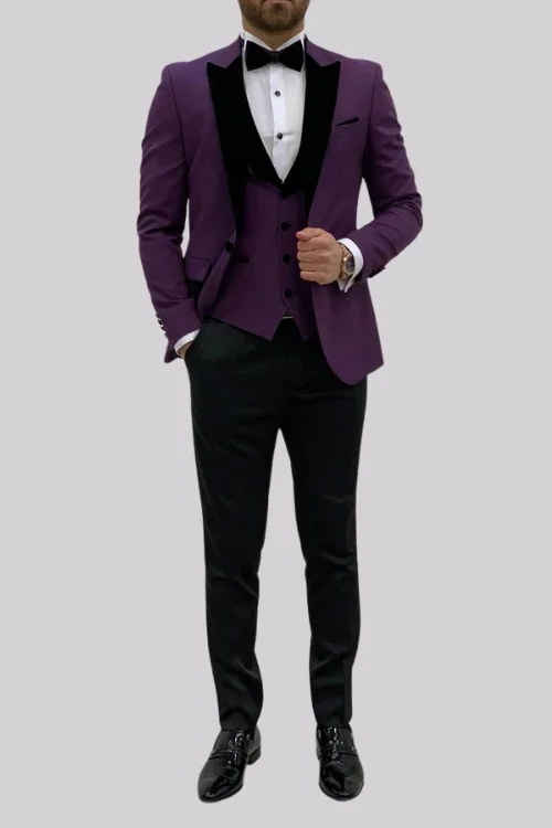 Purple Three-Piece Suit with Black Collar Bold Elegance for Formal Affairs