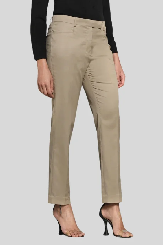 Cotton Solid Brown Formal Trousers For Women