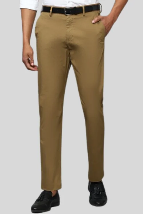 Formal office Khaki Cotton Solid Casual Trouser For Men