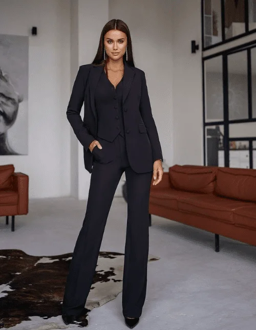 Black 3-Piece Suit for Women with Waistcoat | Elegant Blazer, Vest & Pants Set
