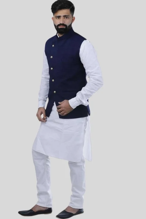 Blue Men Cotton Silk Nehru Jacket/Sadri