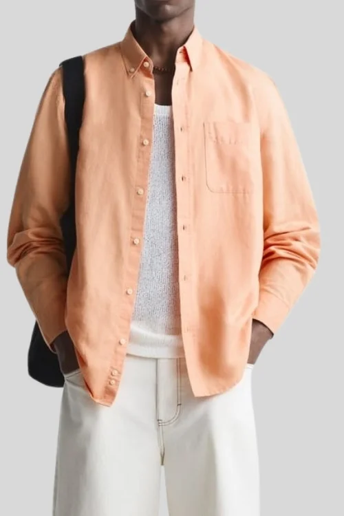 Peach Solid Cotton Linen Shirt For Men