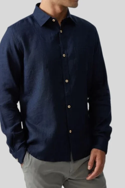 Navy Blue Formal Cotton Linen Shirt for Men