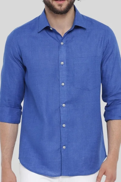 Royal Blue Solid Full Sleeve Formal Cotton Linen Shirt