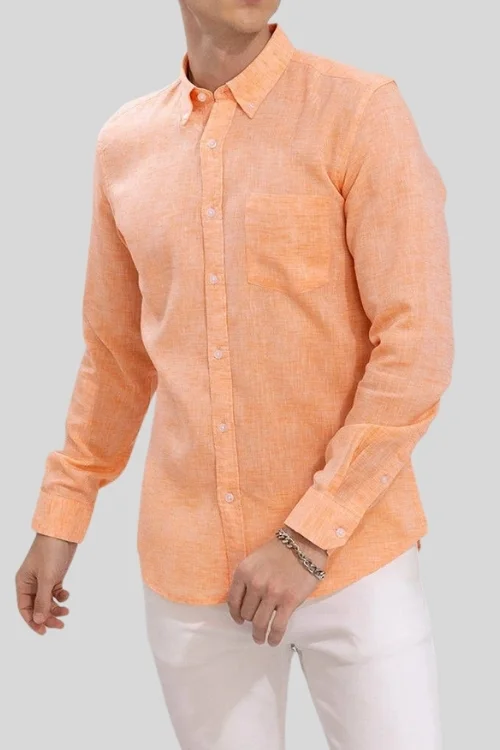 Orange Solid Cotton Linen Shirt For Men