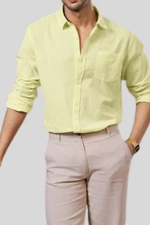 Custard Yellow Office Wear Cotton Linen Shirt