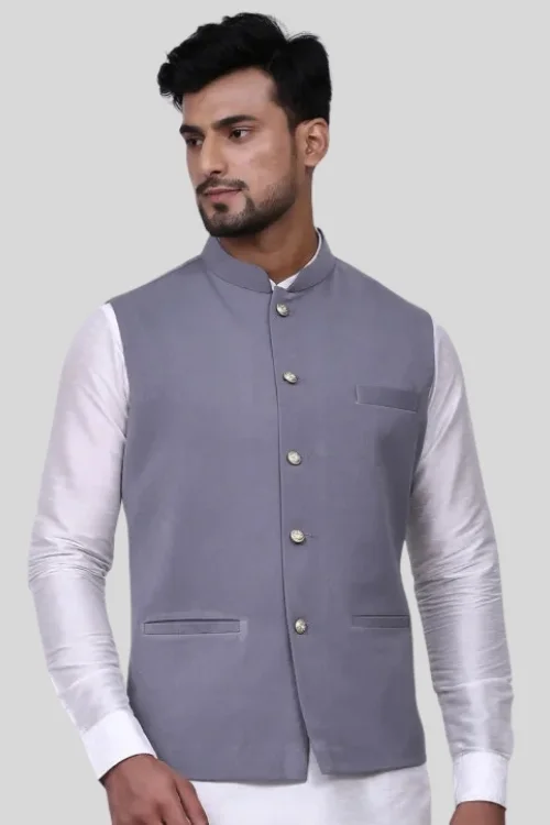 Grey Solid Cotton Silk Nehru Jacket/Sadri
